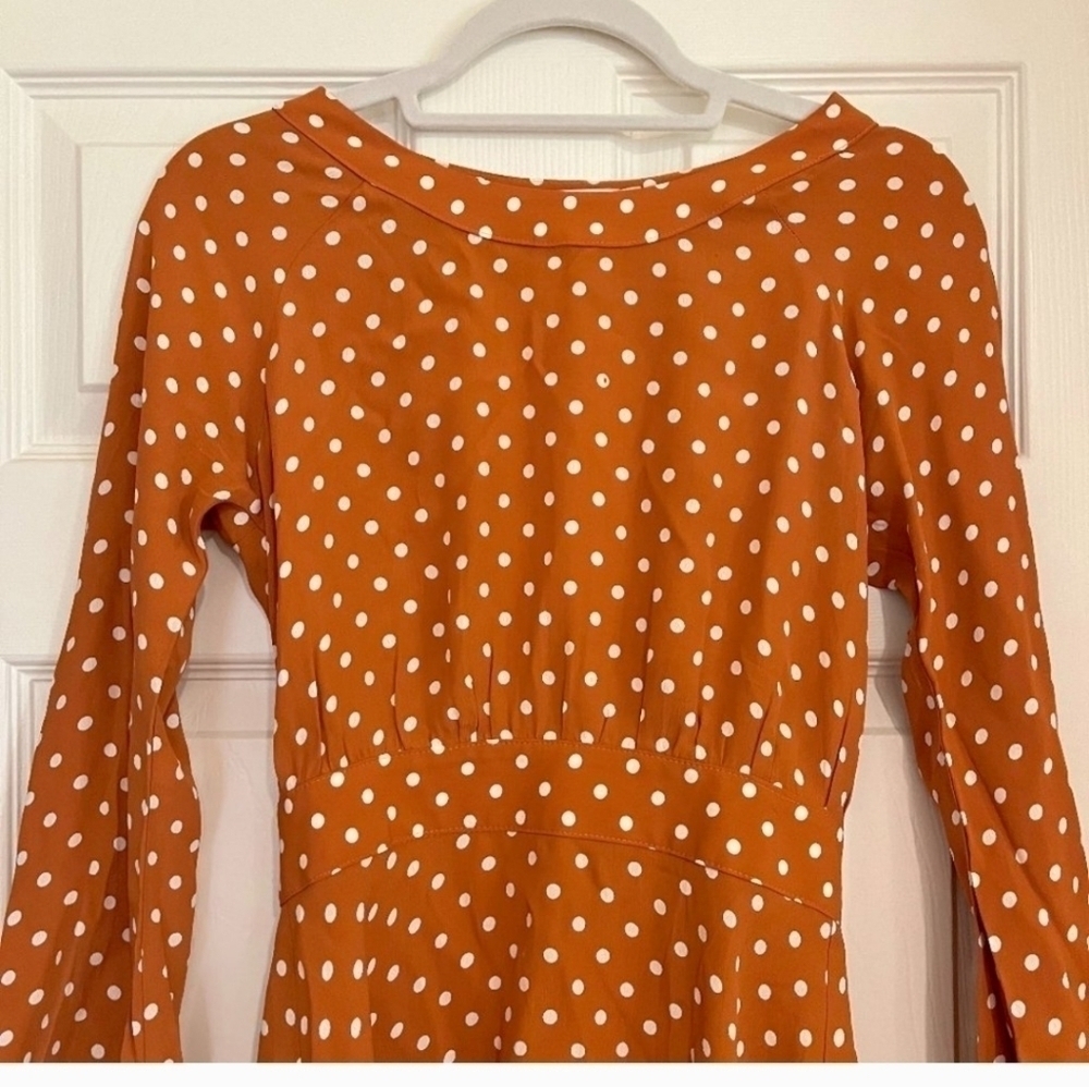 Flynn Skye Golden Polka Dot Open Back Bell Sleeve Tie Back Mini Dress XSMALL - Picture 4 of 12